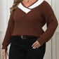 Plus Size Contrast Dropped Shoulder Long Sleeve Sweater