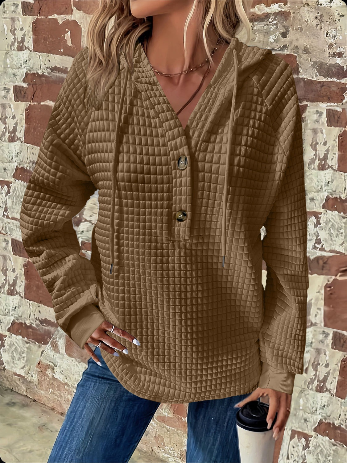 Waffle Texture Half-Buttoned Drawstring Hoodie—Small-3XL