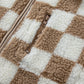 Khaki Checkered Sherpa Collared Jacket Vest