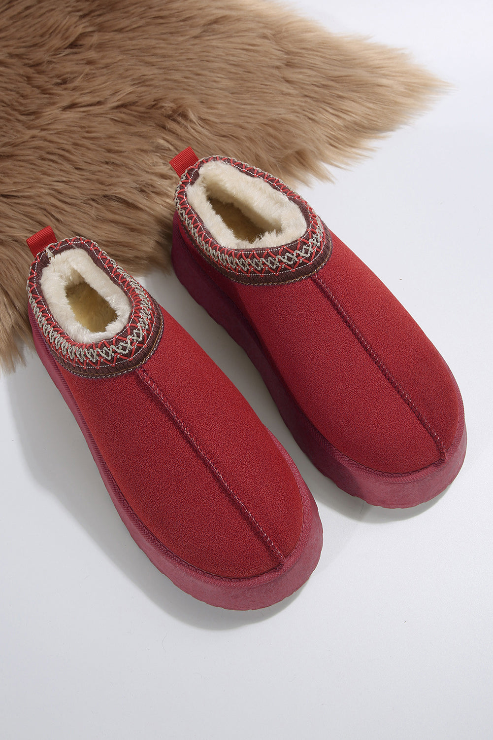 Fiery Red Suede Contrast Print Round Toe Plush Lined Flats