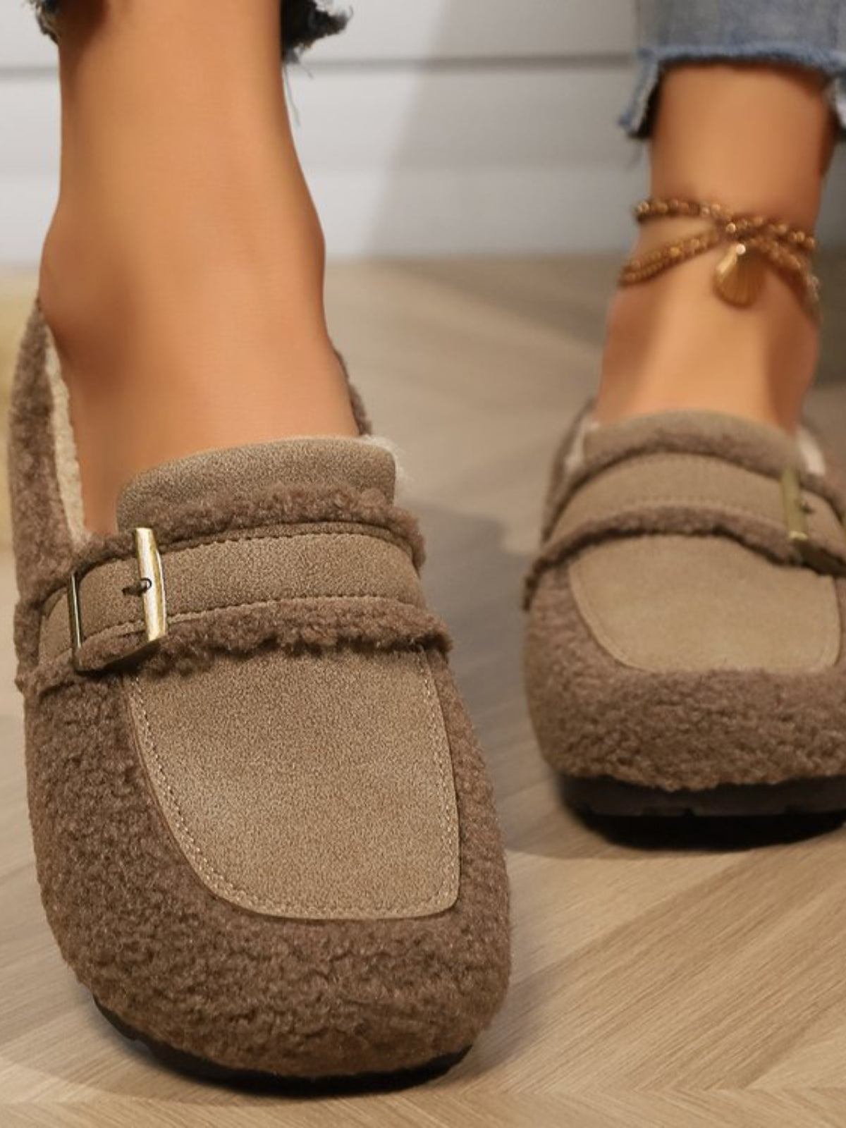 Fuzzy Buckle Flat Slip-Ons