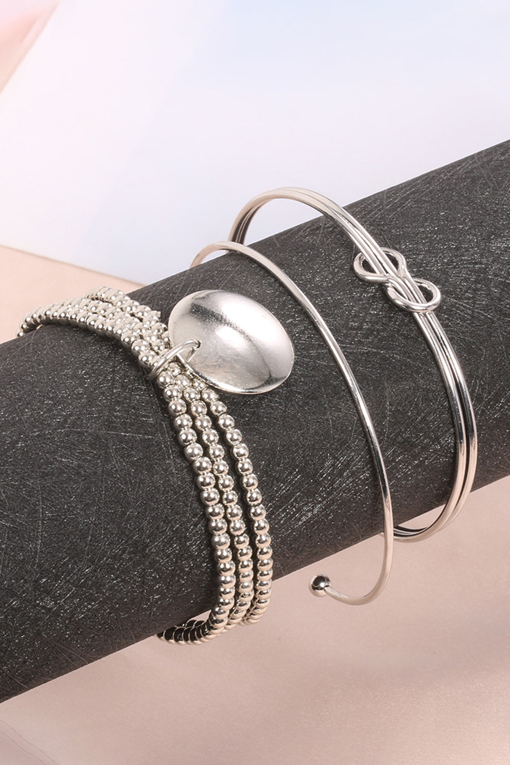 Silver Silver Knotted Beaded 3-piece Bracelet Set