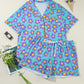 Sky Blue Cute Flower Print Contrast Trim Plus Size Short PJ Set