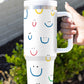 White Smiling Face Print Handle Vacuum Cup 40oz