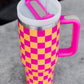 Bright Pink Checkered Print Handled Stainless Steel Tumbler Cup 40oz