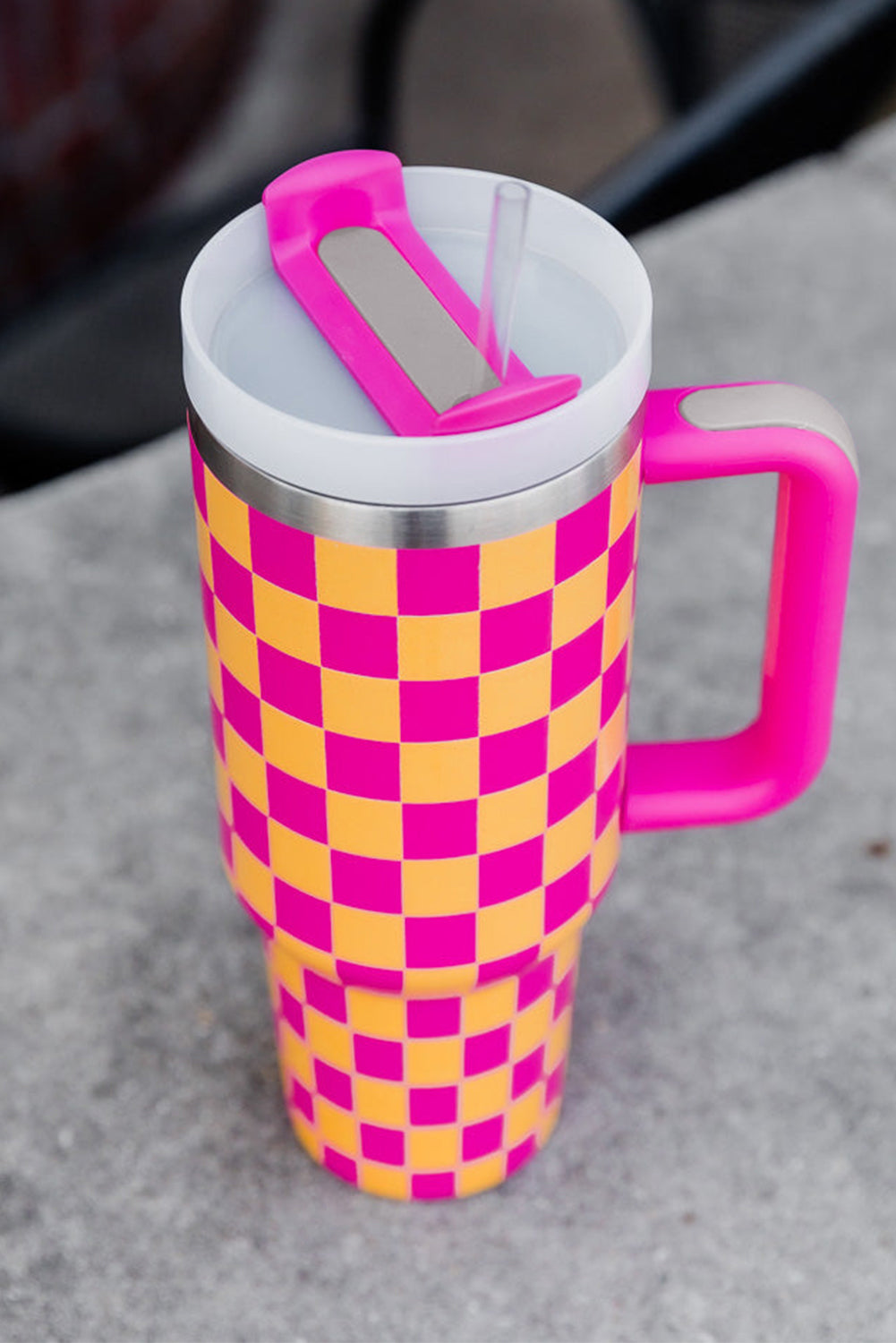 Bright Pink Checkered Print Handled Stainless Steel Tumbler Cup 40oz