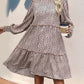 Perfee Frill Printed Mock Neck Long Sleeve Mini Dress