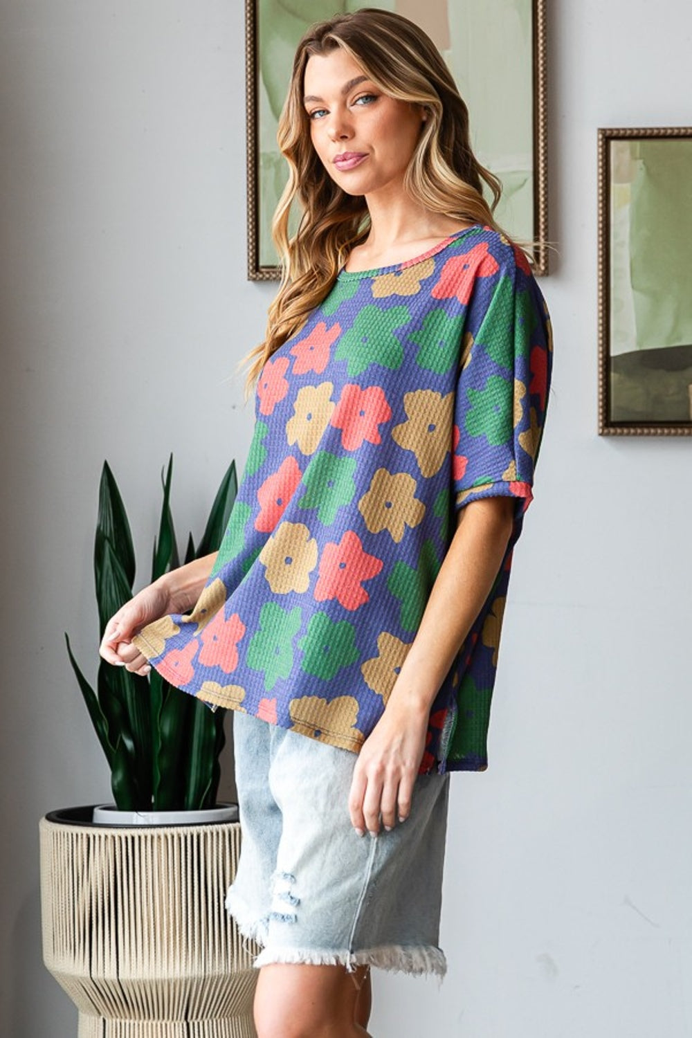 HOPELY Full Size Floral Round Neck Side Slit T-Shirt