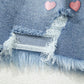 Distressed Raw Hem Heart Denim Skirt