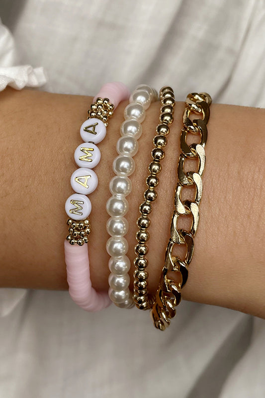 Gold 4PCS MAMA Pearl Beaded Bracelet Set