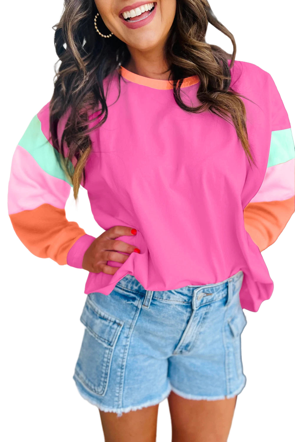 Pink Colorblock Patchwork Long Sleeve Loose Top