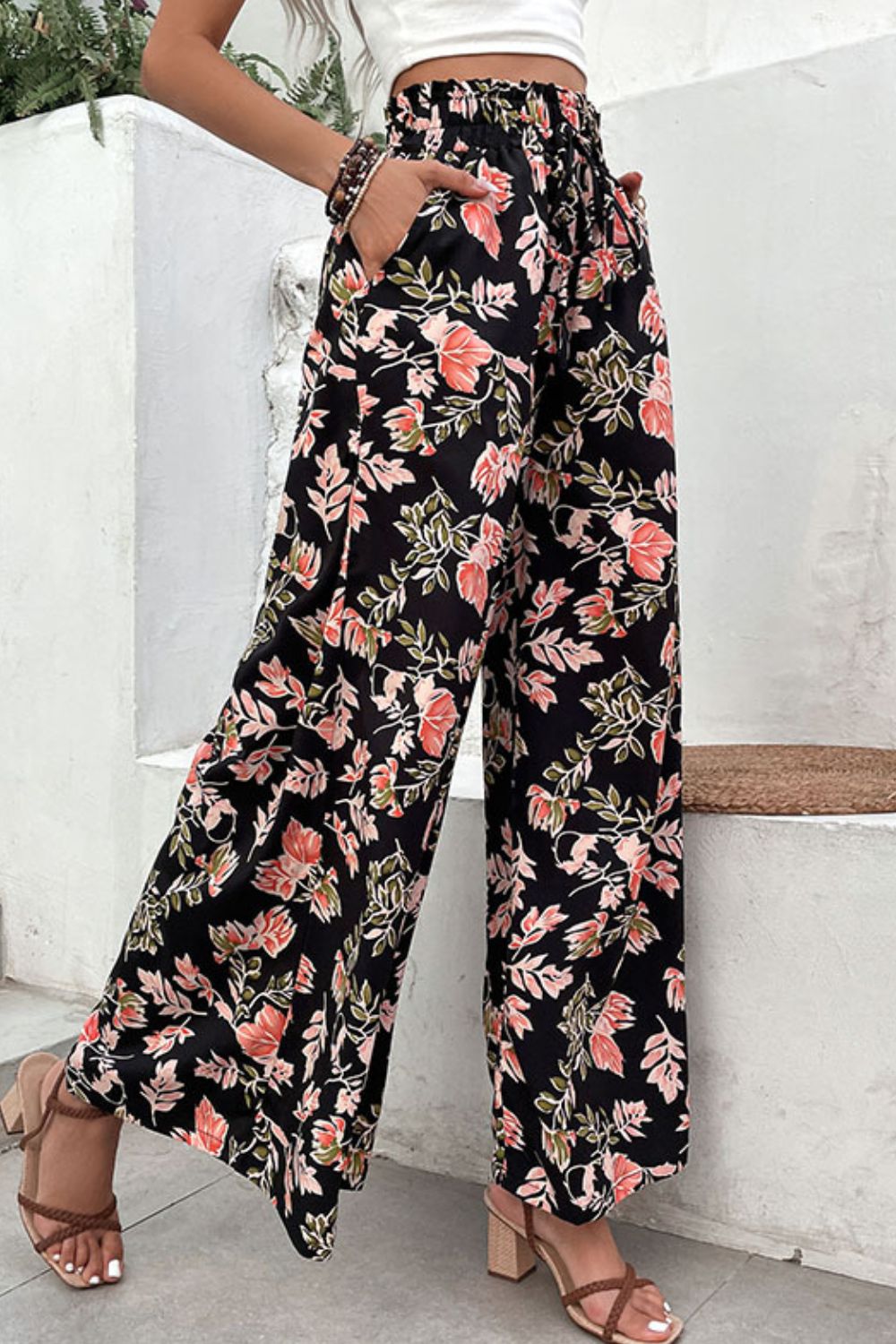 Perfee Floral Pull-On Wide Leg Pants