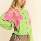 Davi & Dani Flower Contrast Round Neck Long Sleeve Cardigan