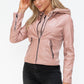 Snobbish Faux Leather Zip Up Drawstring Hooded Jacket