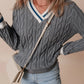 Cable-Knit V-Neck Long Sleeve Sweater