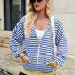 Drawstring Striped Zip Up Long Sleeve Hoodie