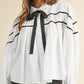 Black Front Bow Tie Ribbon Ruffle Blouse