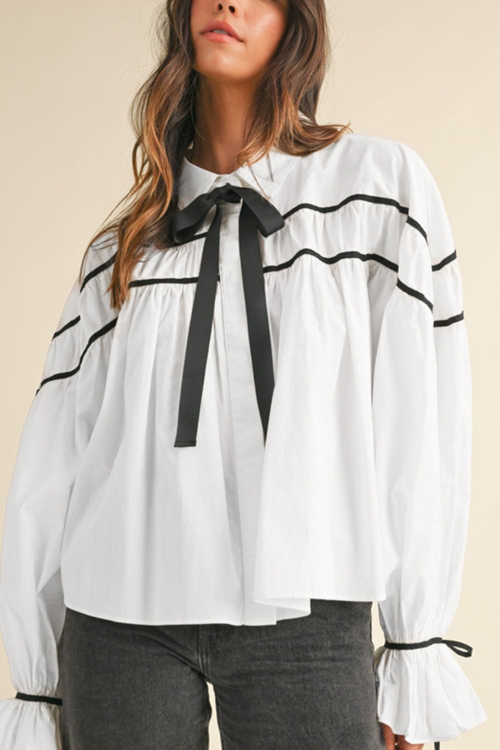 Black Front Bow Tie Ribbon Ruffle Blouse