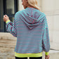 Drawstring Striped Zip Up Long Sleeve Hoodie