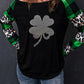 Green Leopard Plaid Patchwork Long Sleeve Rhinestone Lucky Clover Graphic Top