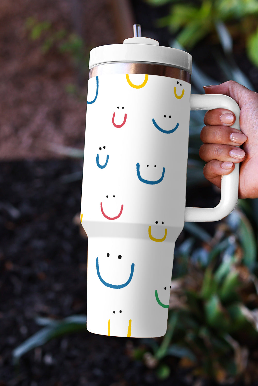 White Smiling Face Print Handle Vacuum Cup 40oz