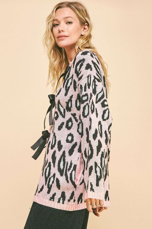 Pink Leopard Print Ribbon Tie Loose Fit Cardigan