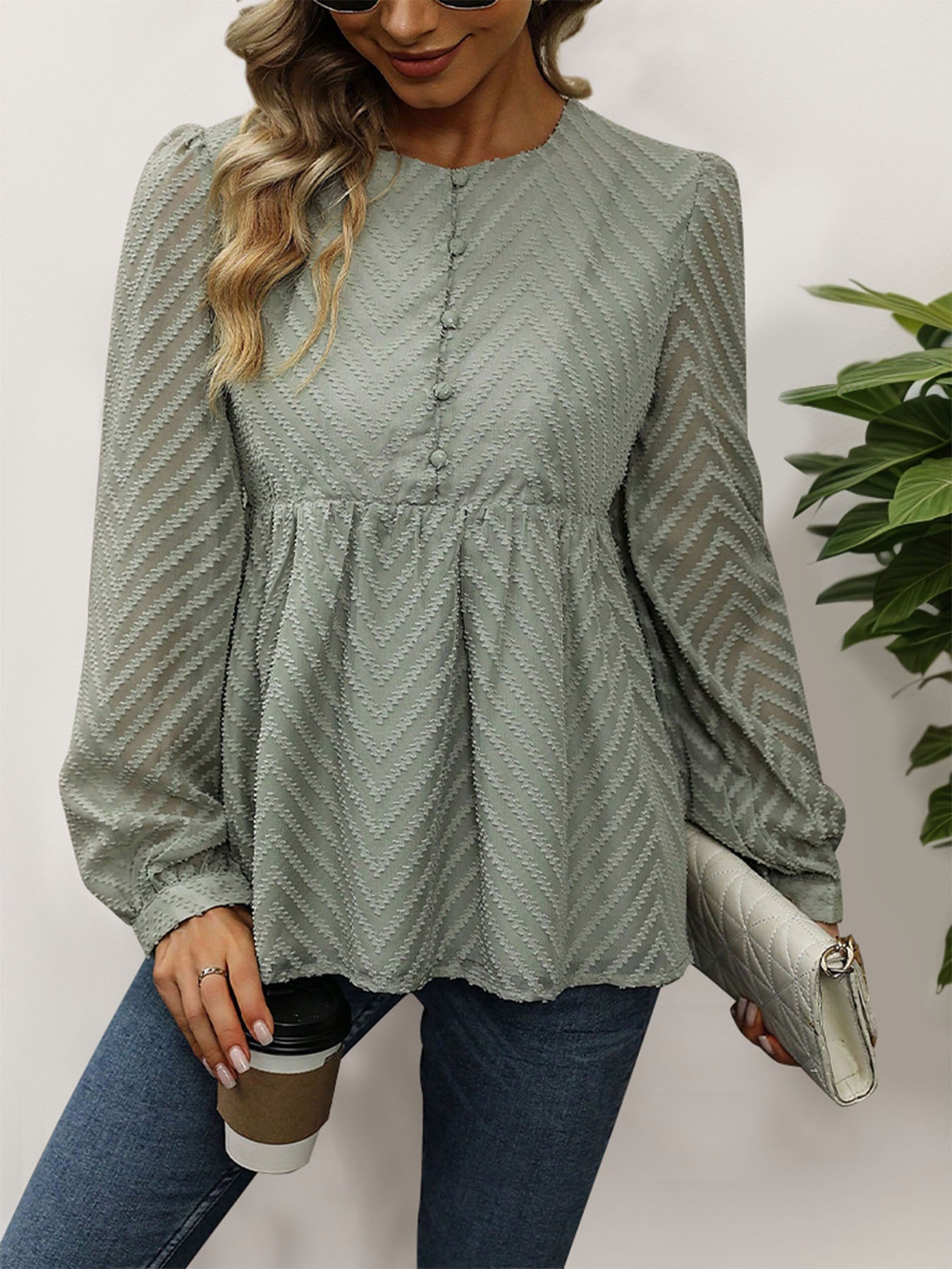 Perfee Peplum Round Neck Long Sleeve Blouse