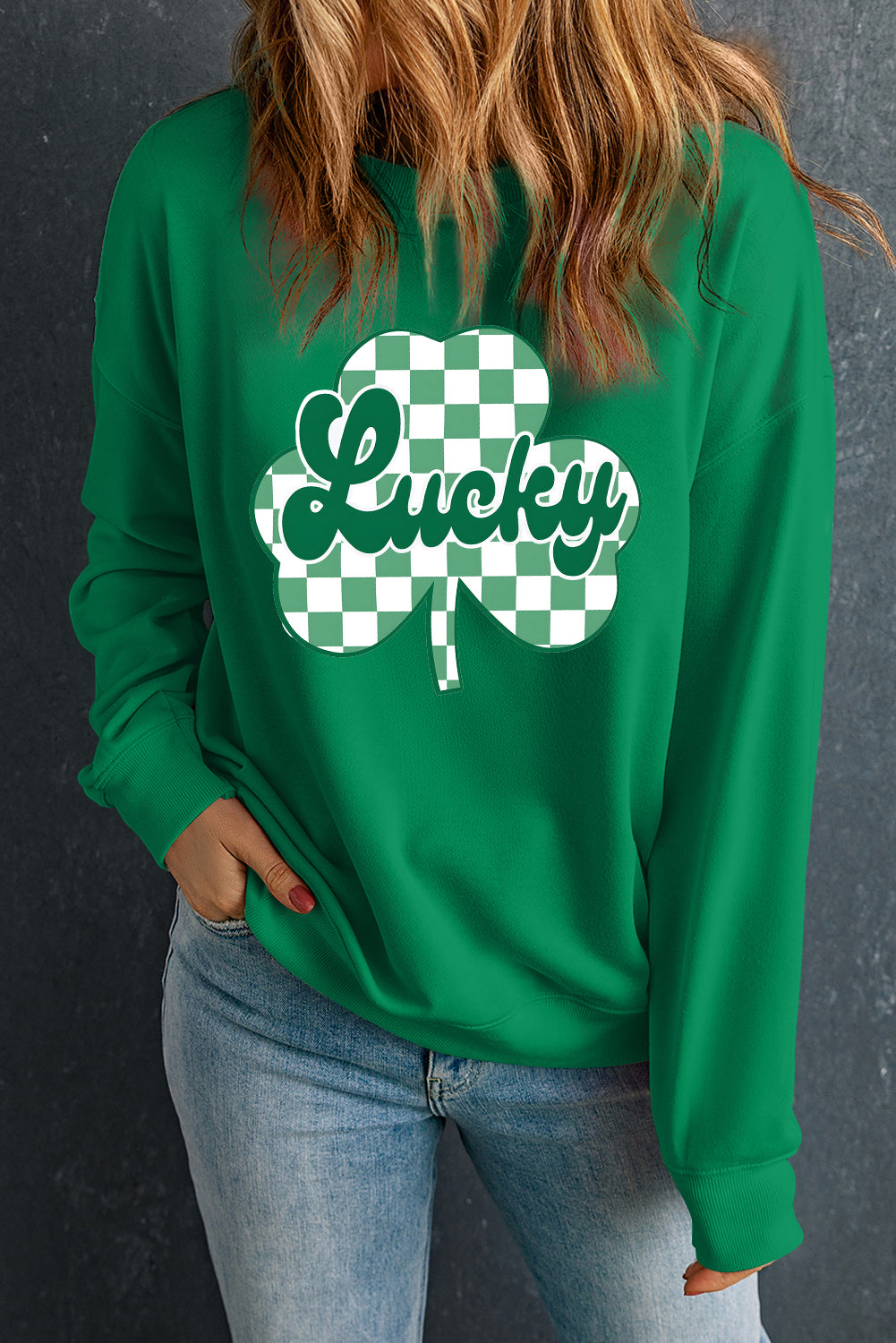 Dark Green St Patricks Checkerboard Clover Lucky Graphic Sweatshirt