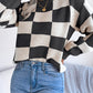 Checkered Mock Neck Long Sleeve Sweater