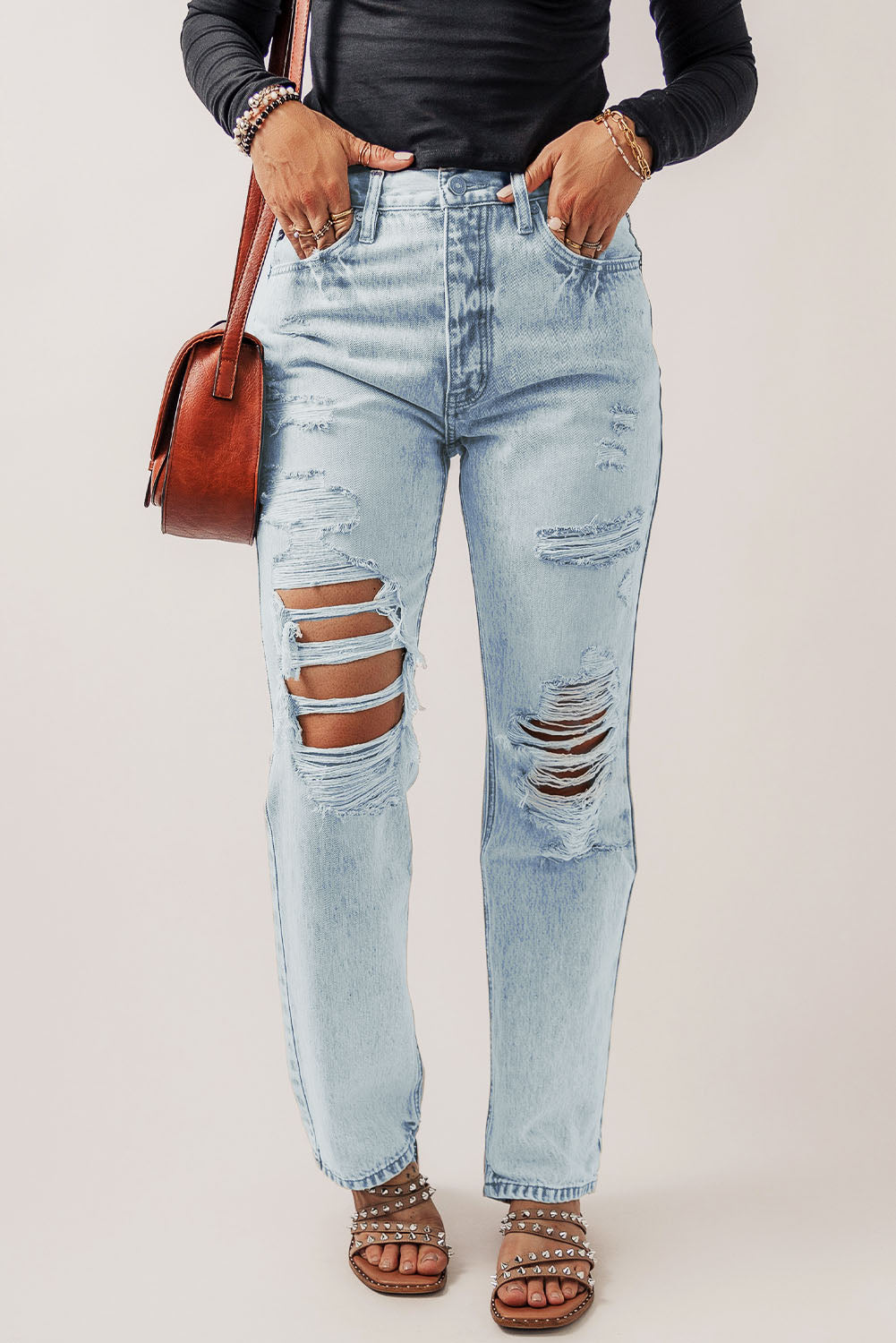 Acid Wash Distressed Straight Leg Jeans