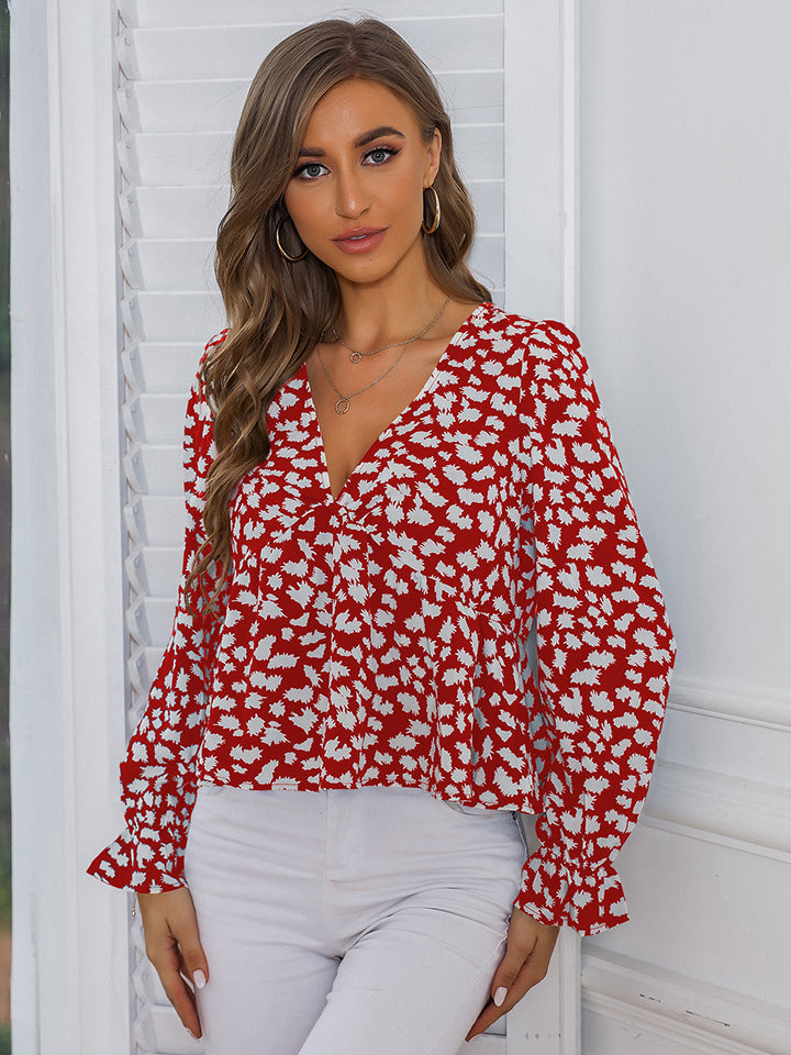 Honey Printed V-Neck Flounce Sleeve Blouse