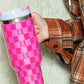 Bright Pink Checkered Print Handled Stainless Steel Tumbler Cup 40oz