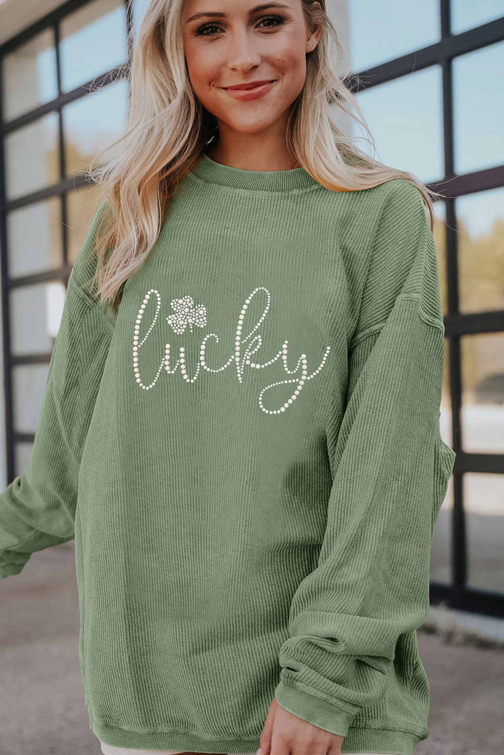 Grass Green Rhinestone lucky Clover Graphic Ribbed St Patrick Sweatshirt