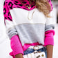 Leopard Color Block Round Neck Long Sleeve Sweater