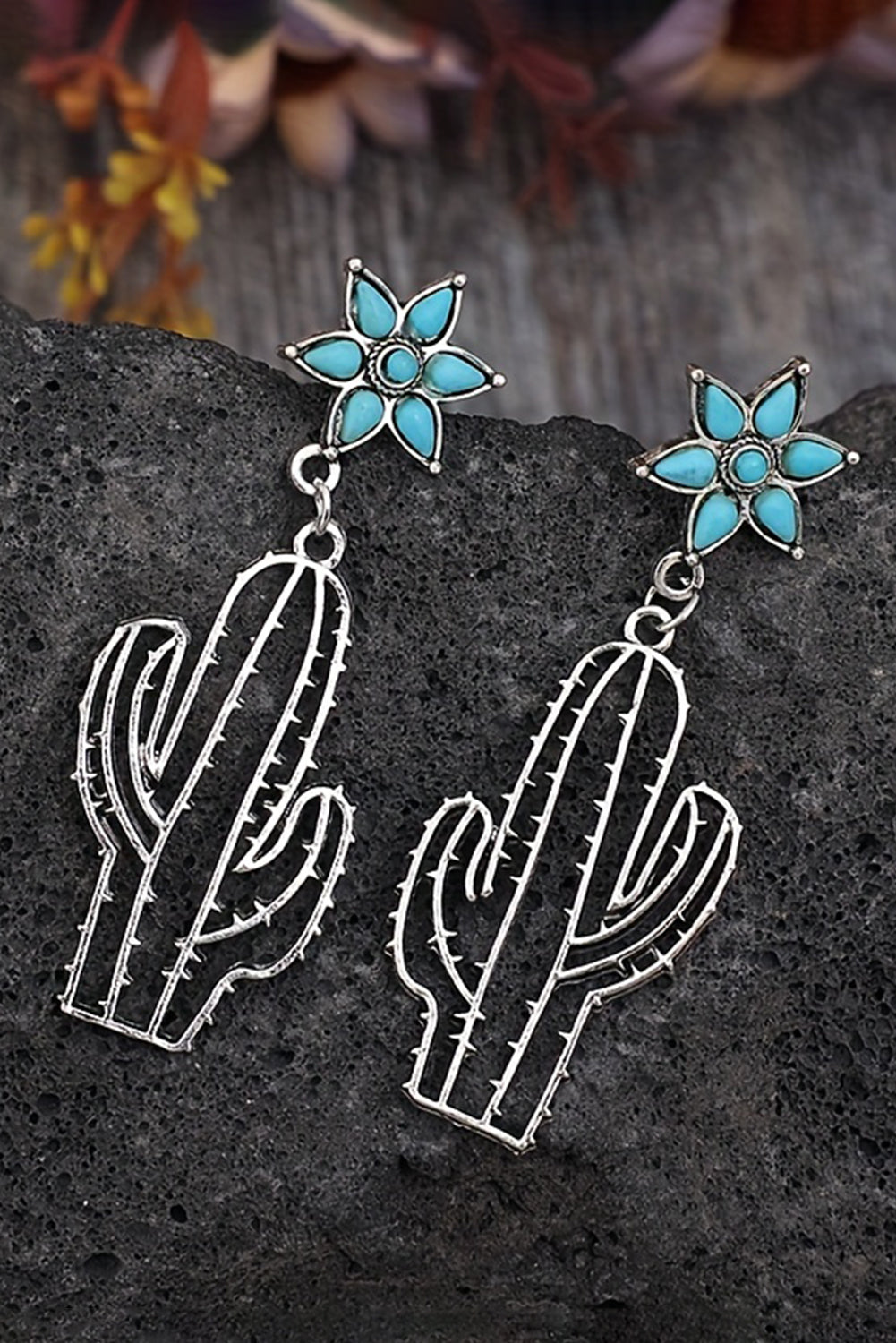 Silvery Western Turquoise Flower Cactus Dangle Earrings