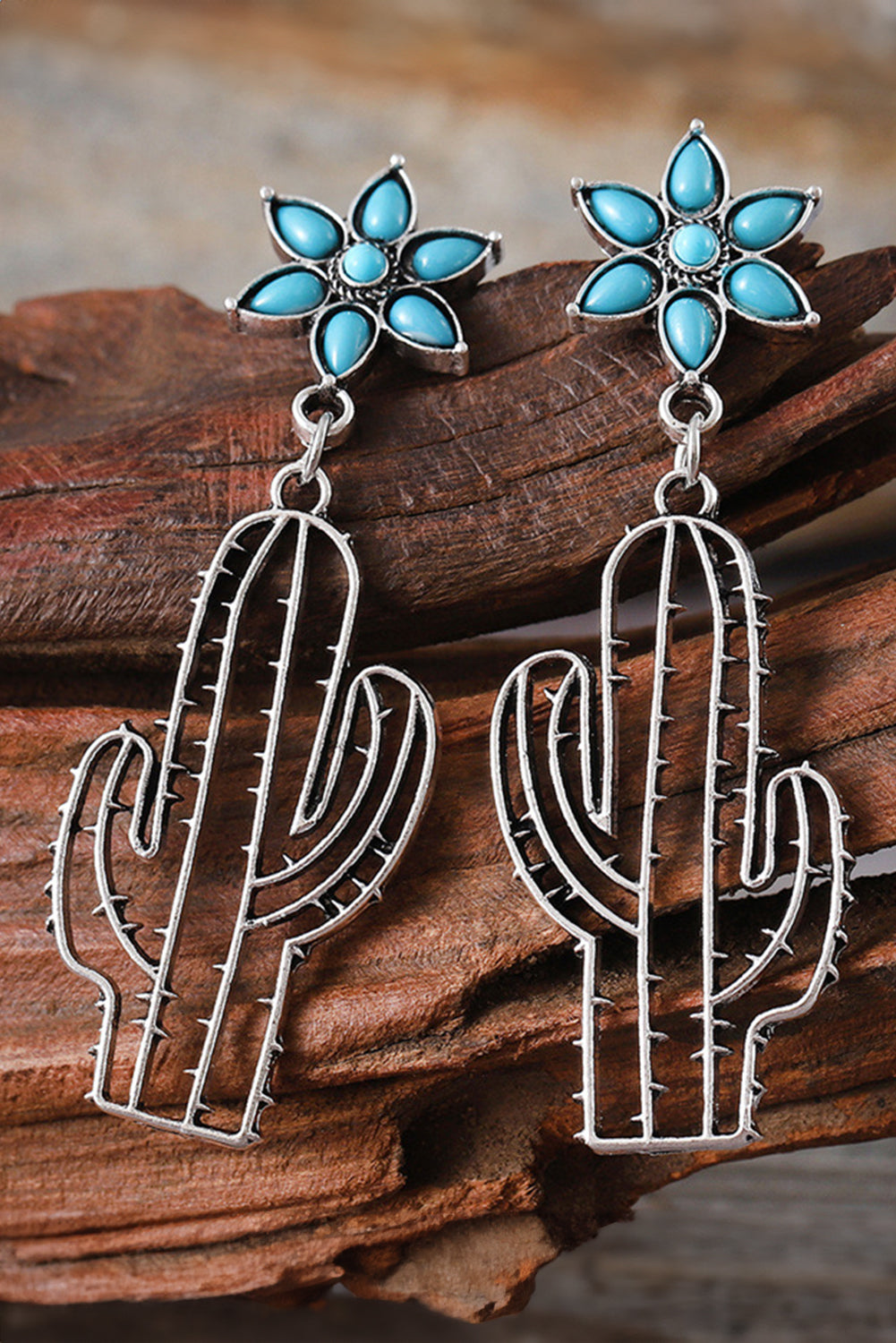 Silvery Western Turquoise Flower Cactus Dangle Earrings