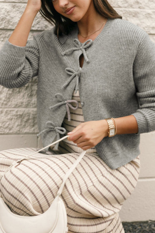 Gray Ribbon Ruffle Cardigan