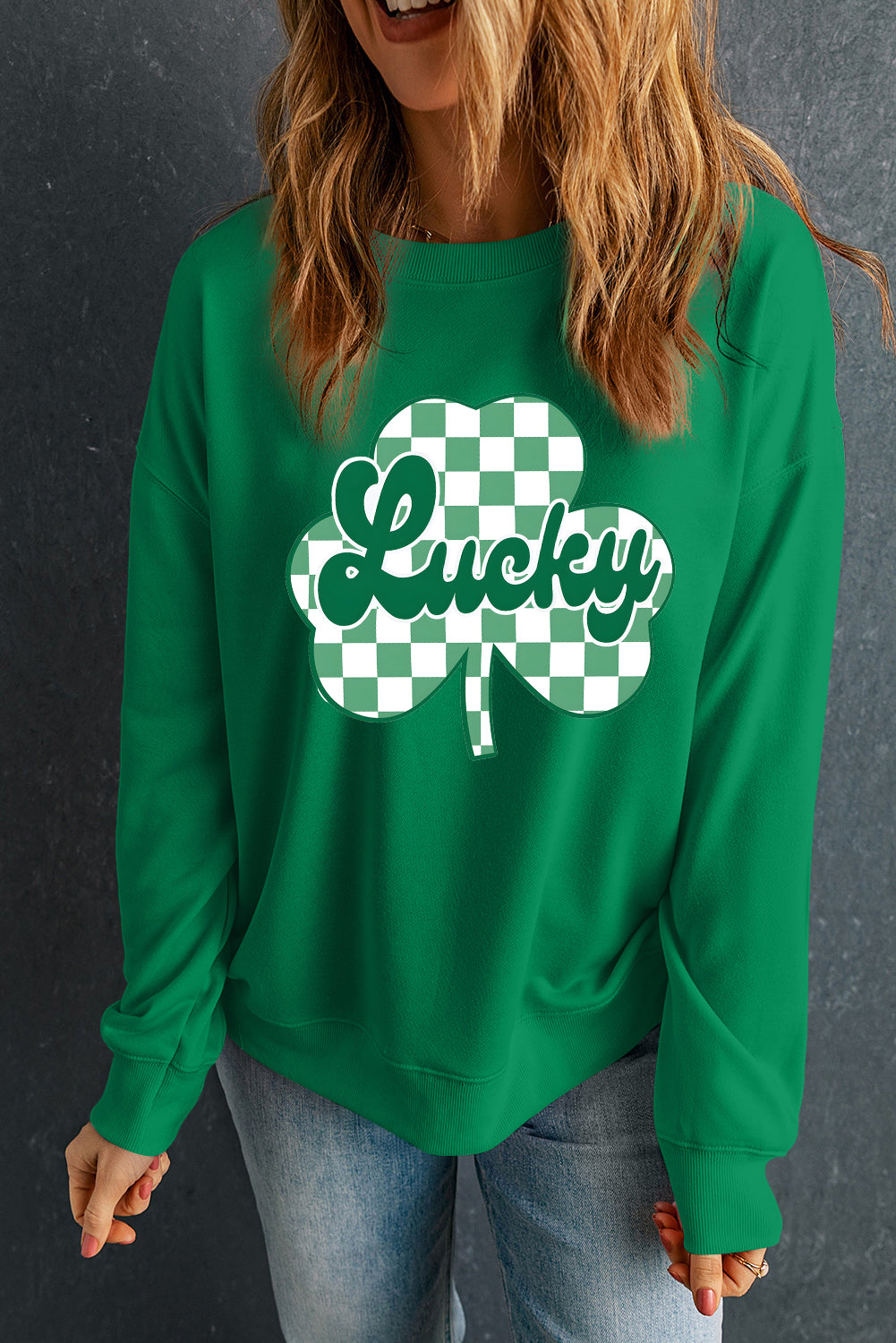 Dark Green St Patricks Checkerboard Clover Lucky Graphic Sweatshirt